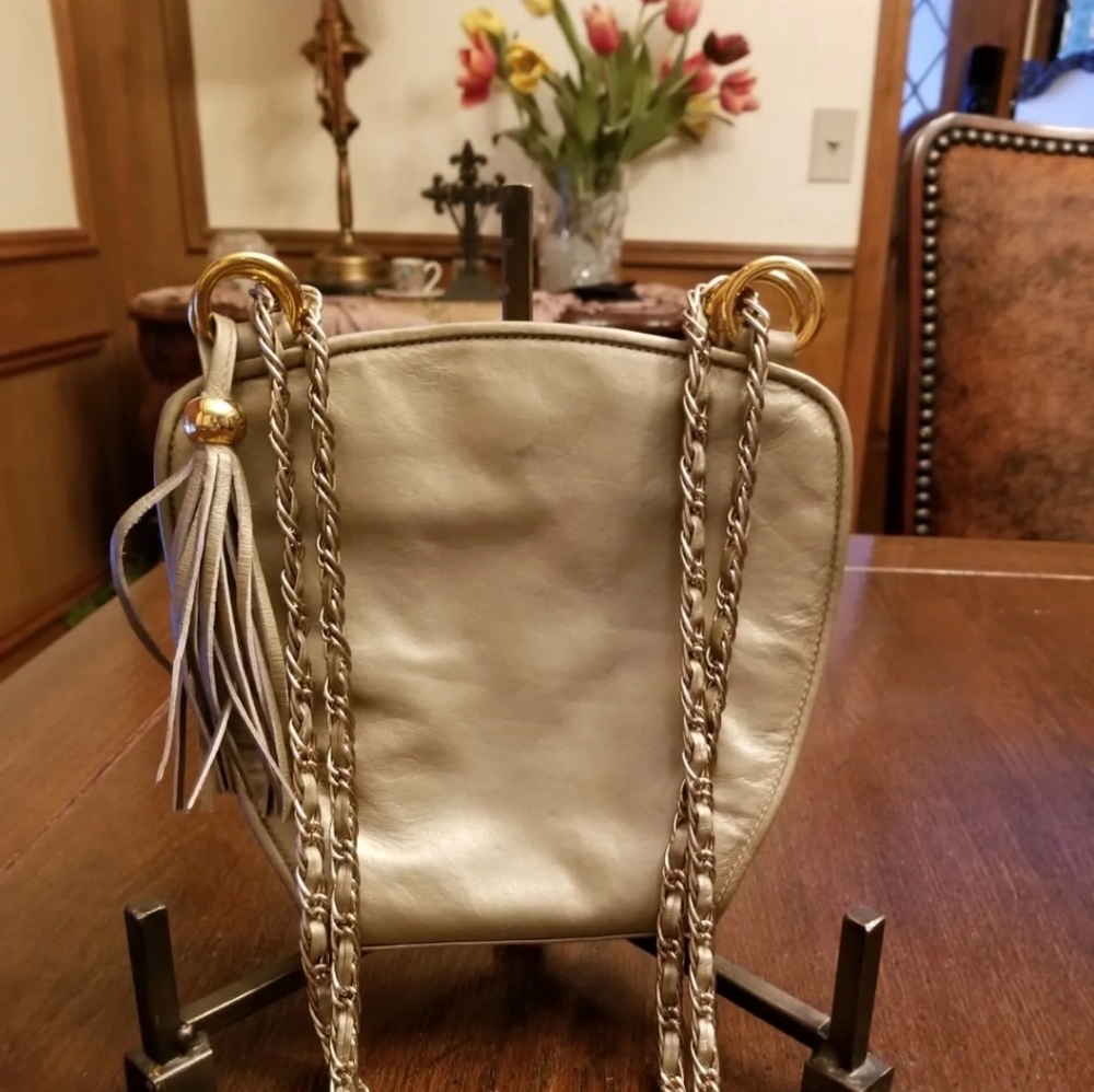 Matte Gold Metallic Leather Evening Bag With Tassels /Chain Shoulder Strap EUC